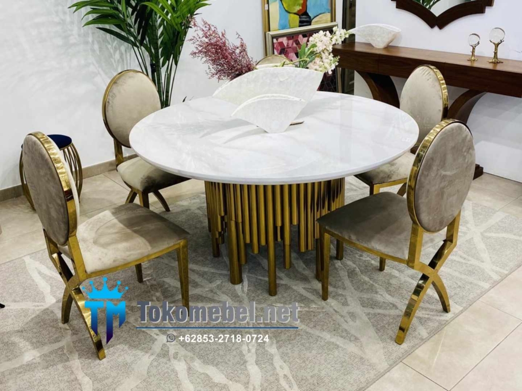 Meja Makan Marmer Bulat 4 Kursi Mewah
