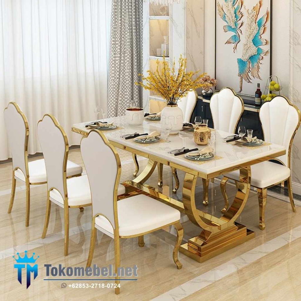Meja Makan Marmer Cincin Kursi Stainless