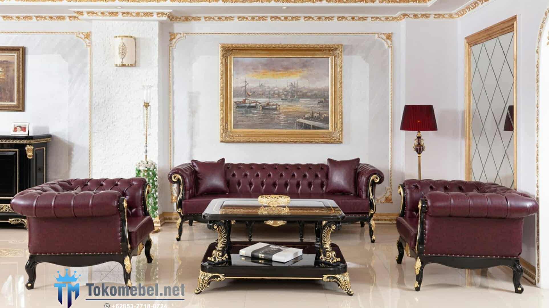 Sofa Kulit Asli Dengan Ukiran Mewah