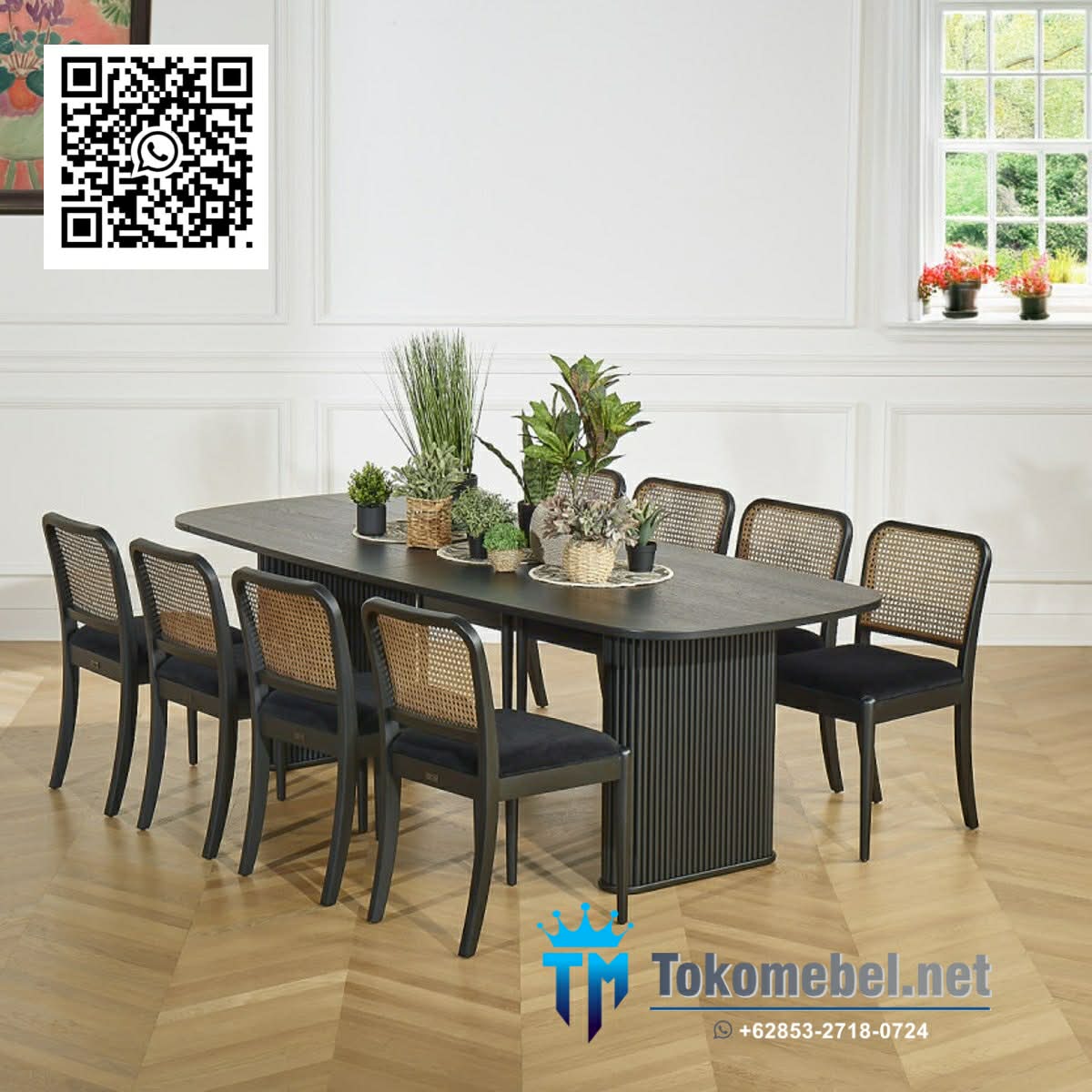Set Meja Makan Minimalis Kaki Salur Kursi Rotan