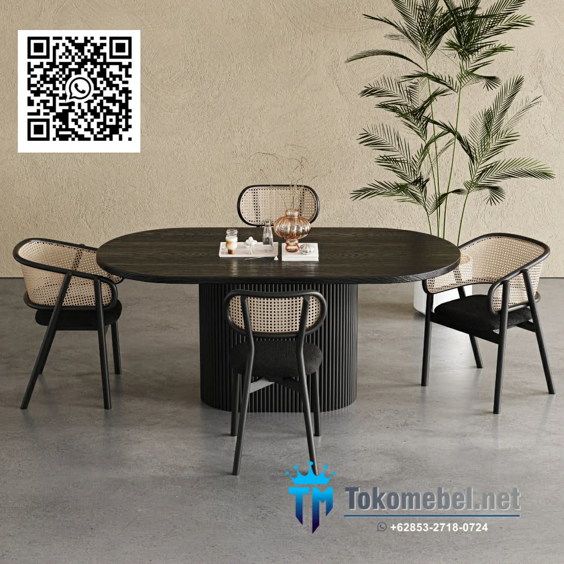 Meja Makan Kaki Salur Kursi Jati Mix Rotan