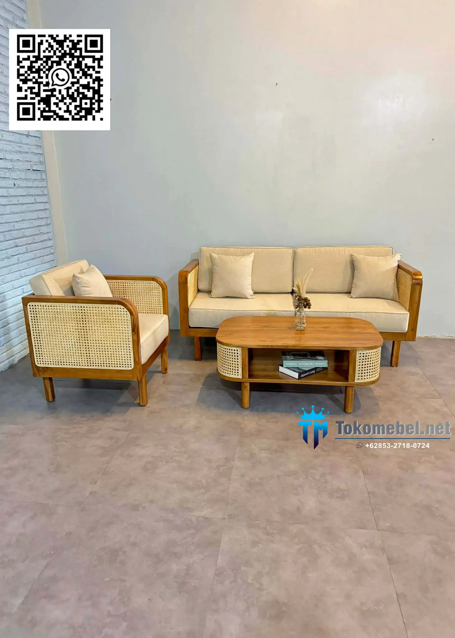 Sofa Minimalis Jati Kombinasi Rotan